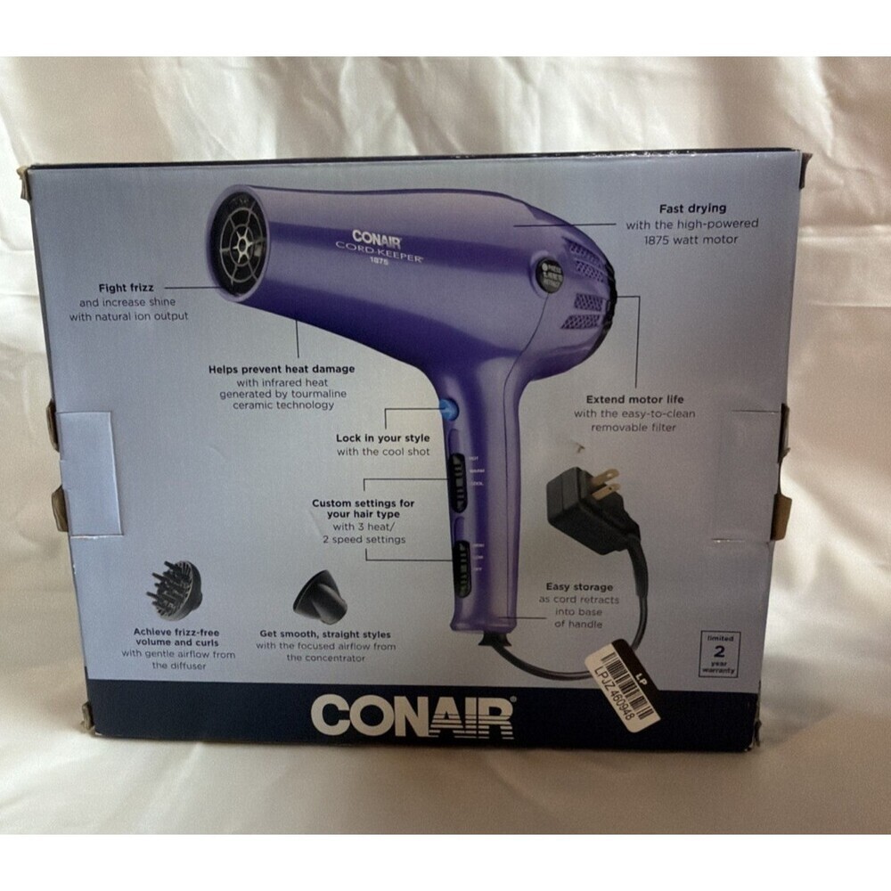 Conair Cord Keeper Blow Dryer, 1875 watt RETRACTABLE CORD, Ionic Technology READ - Picture 3 of 4